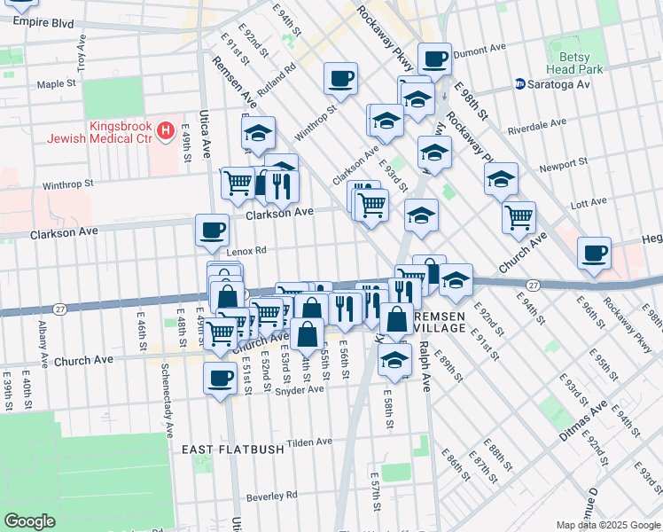 map of restaurants, bars, coffee shops, grocery stores, and more near 899 Linden Boulevard in Brooklyn