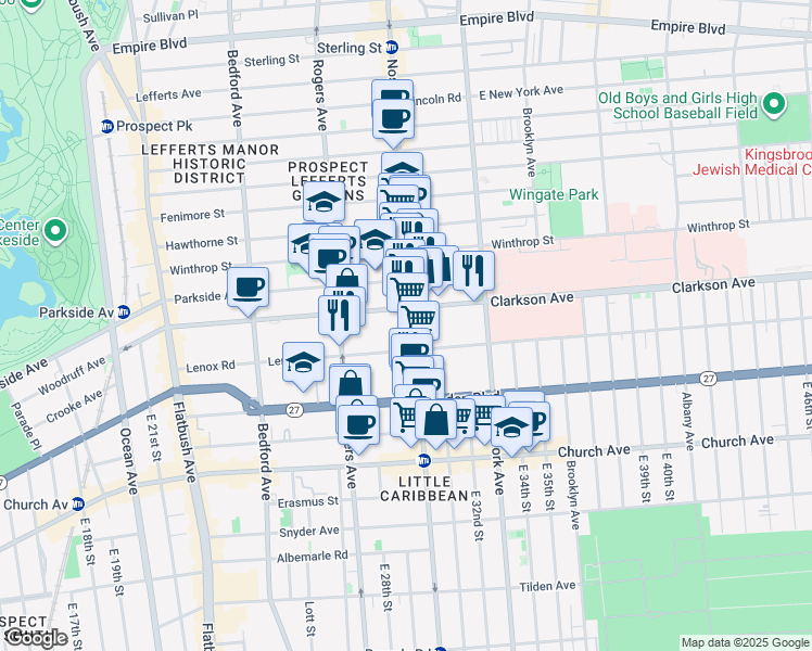map of restaurants, bars, coffee shops, grocery stores, and more near 1308 Nostrand Avenue in Brooklyn