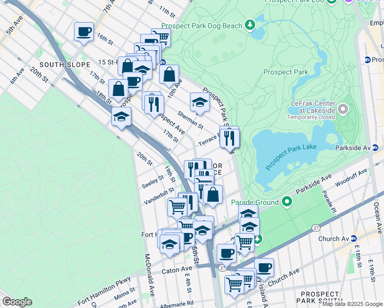 map of restaurants, bars, coffee shops, grocery stores, and more near 151 Seeley Street in Brooklyn