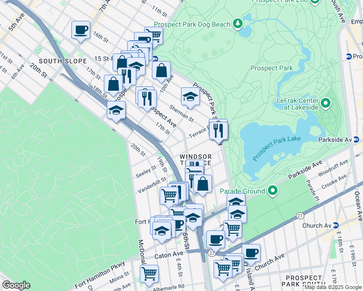 map of restaurants, bars, coffee shops, grocery stores, and more near 151 Seeley Street in Brooklyn