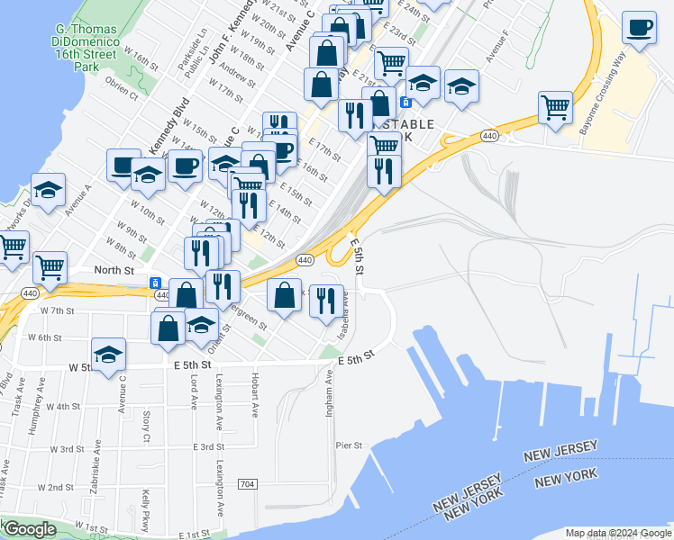 map of restaurants, bars, coffee shops, grocery stores, and more near 103 Oak Street in Bayonne