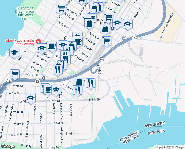 map of restaurants, bars, coffee shops, grocery stores, and more near 51 Oak Street in Bayonne