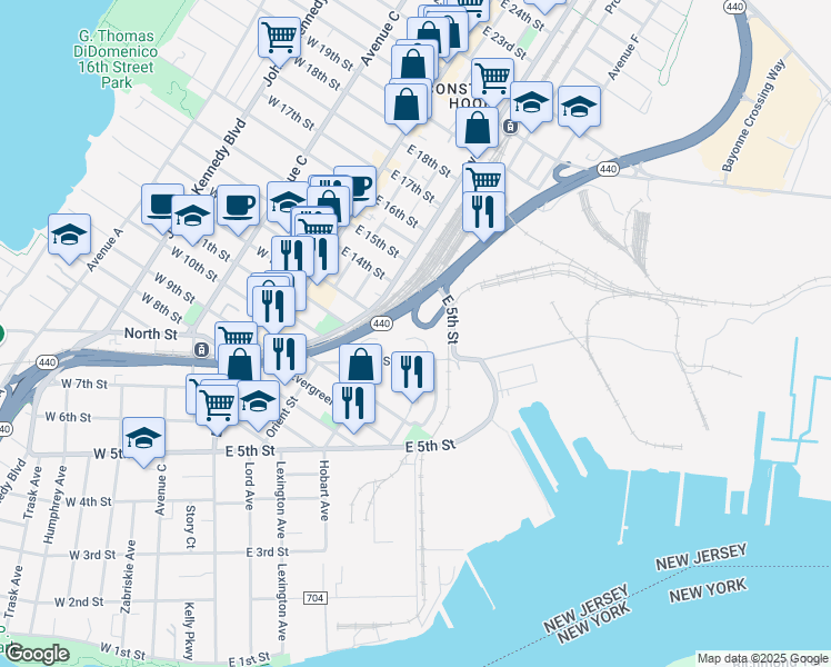 map of restaurants, bars, coffee shops, grocery stores, and more near 51 Oak Street in Bayonne