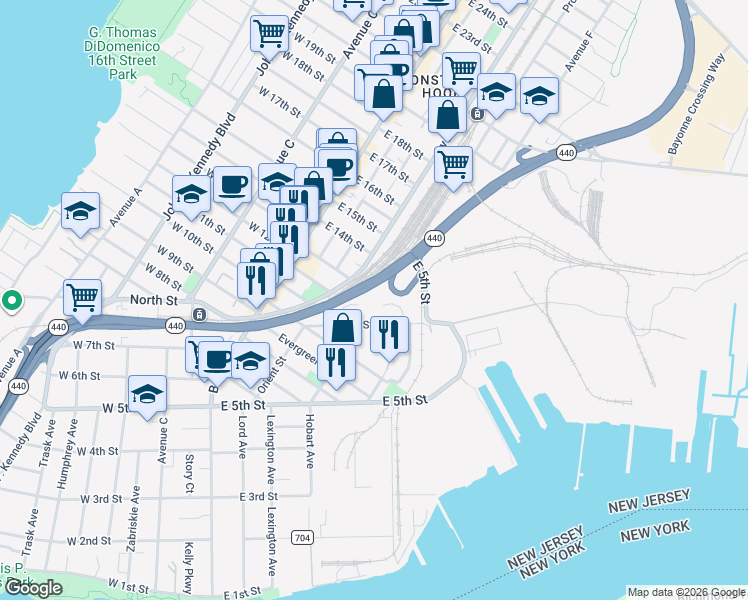 map of restaurants, bars, coffee shops, grocery stores, and more near 51 Oak Street in Bayonne