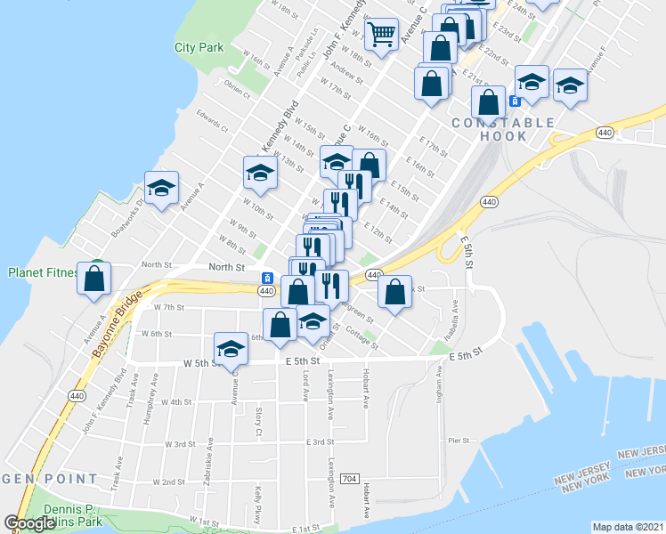 map of restaurants, bars, coffee shops, grocery stores, and more near 7 Linnet Street in Bayonne