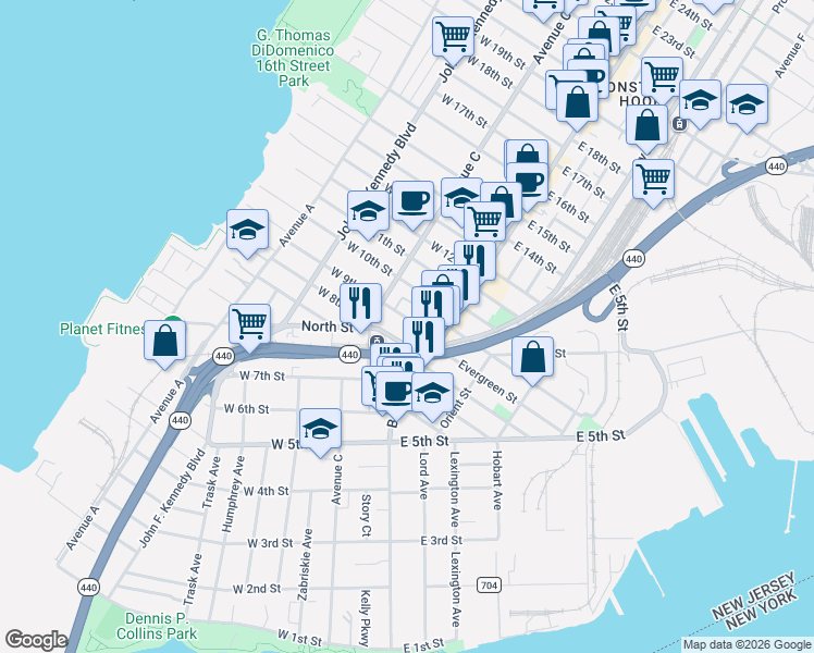 map of restaurants, bars, coffee shops, grocery stores, and more near 11 West 8th Street in Bayonne