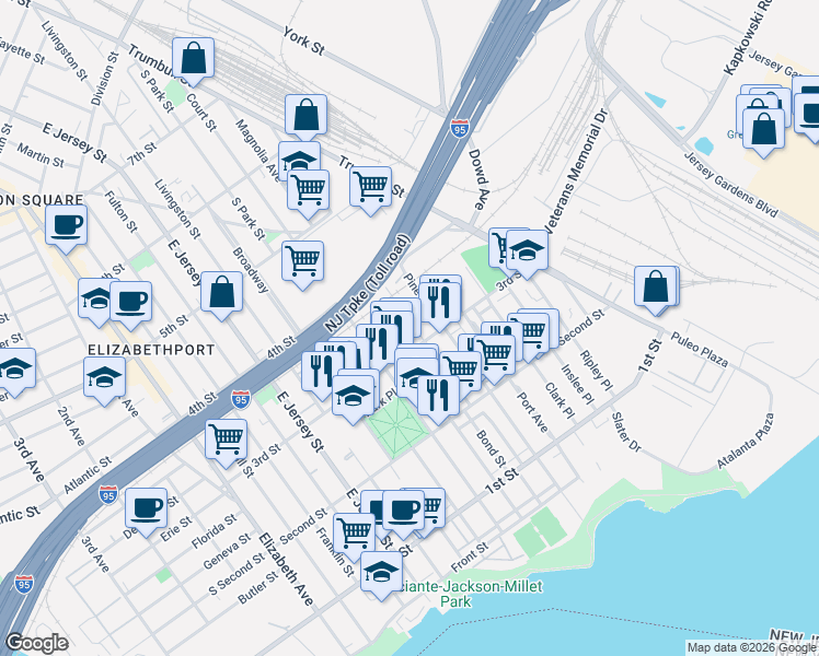 map of restaurants, bars, coffee shops, grocery stores, and more near 210 3rd Street in Elizabeth