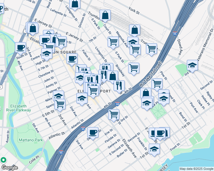 map of restaurants, bars, coffee shops, grocery stores, and more near 451 Franklin Street in Elizabeth