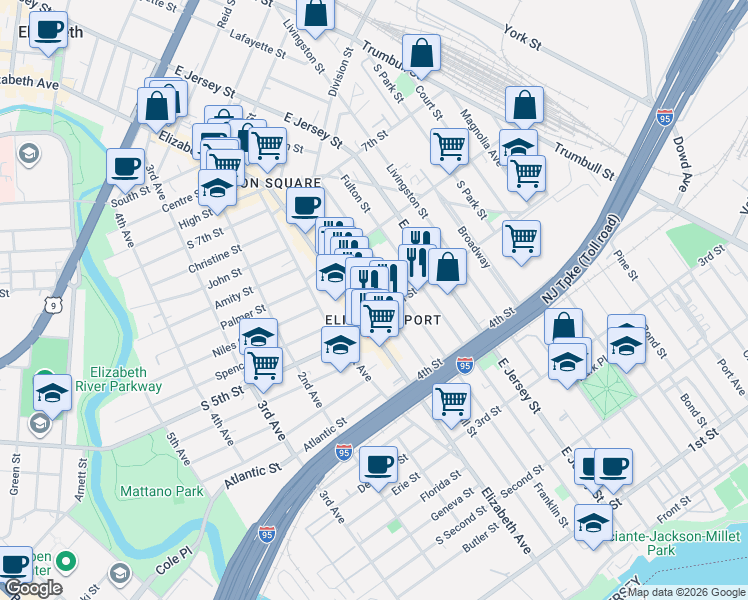 map of restaurants, bars, coffee shops, grocery stores, and more near in Elizabeth