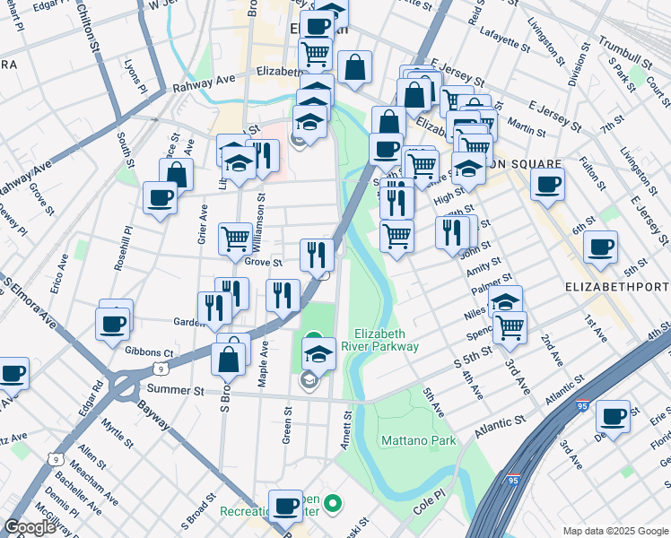 map of restaurants, bars, coffee shops, grocery stores, and more near 415-417 Clarkson Avenue in Elizabeth