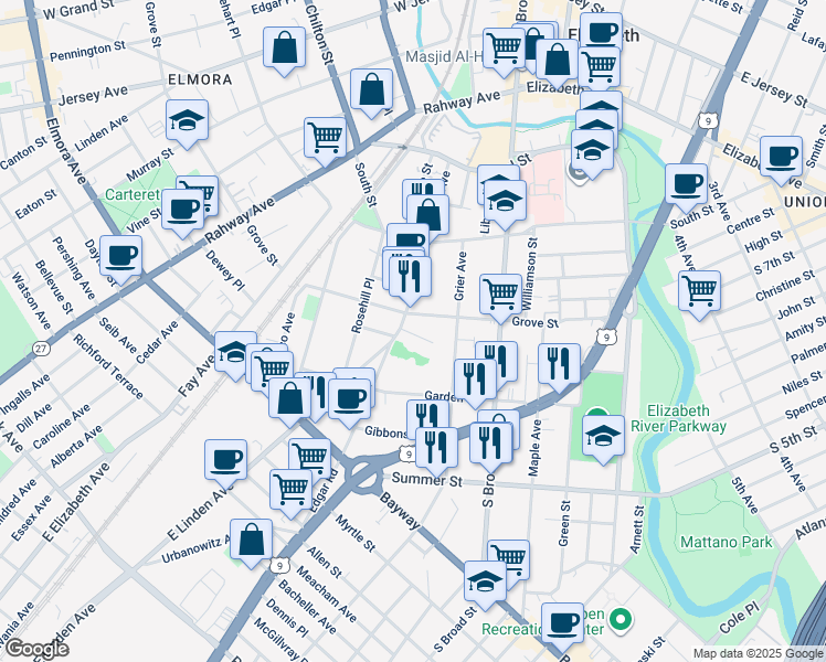 map of restaurants, bars, coffee shops, grocery stores, and more near 23 Boyle Place in Elizabeth