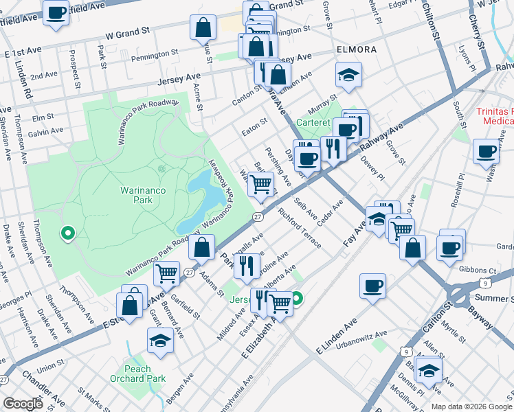 map of restaurants, bars, coffee shops, grocery stores, and more near 831 Rahway Avenue in Elizabeth