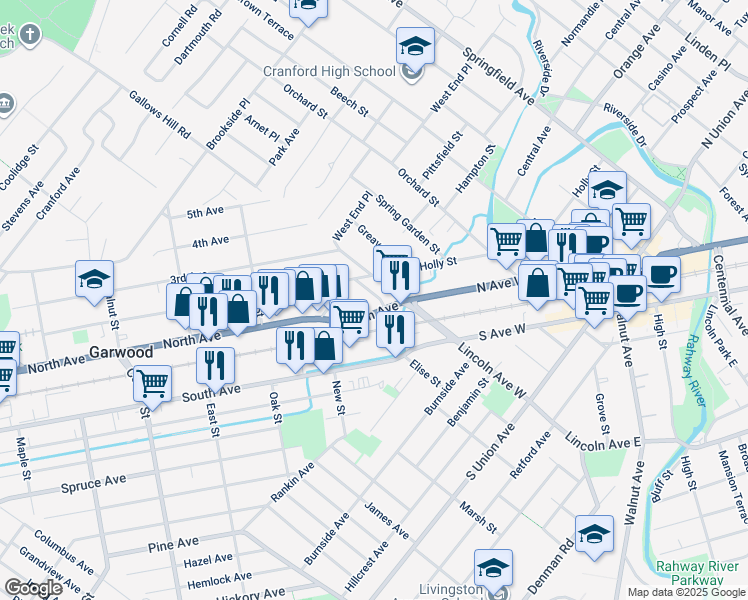 map of restaurants, bars, coffee shops, grocery stores, and more near in Garwood