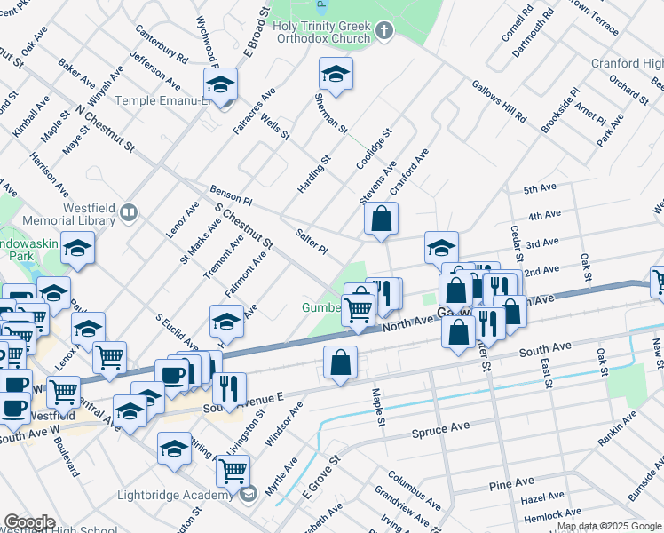 map of restaurants, bars, coffee shops, grocery stores, and more near 643 South Chestnut Street in Westfield