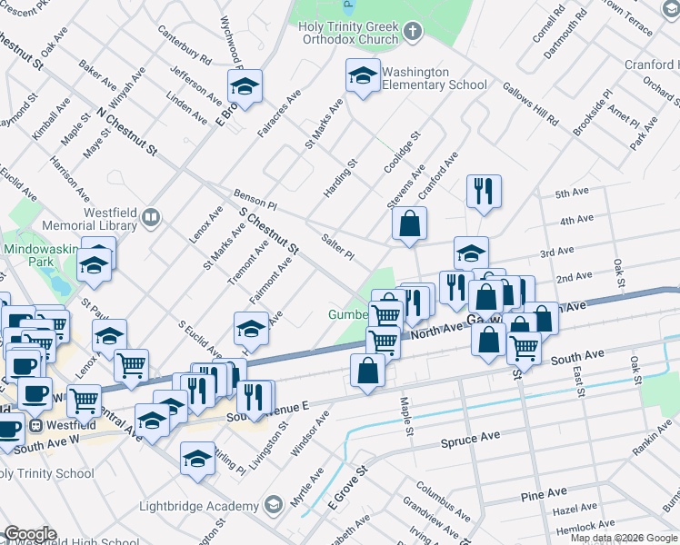 map of restaurants, bars, coffee shops, grocery stores, and more near 614 South Chestnut Street in Westfield