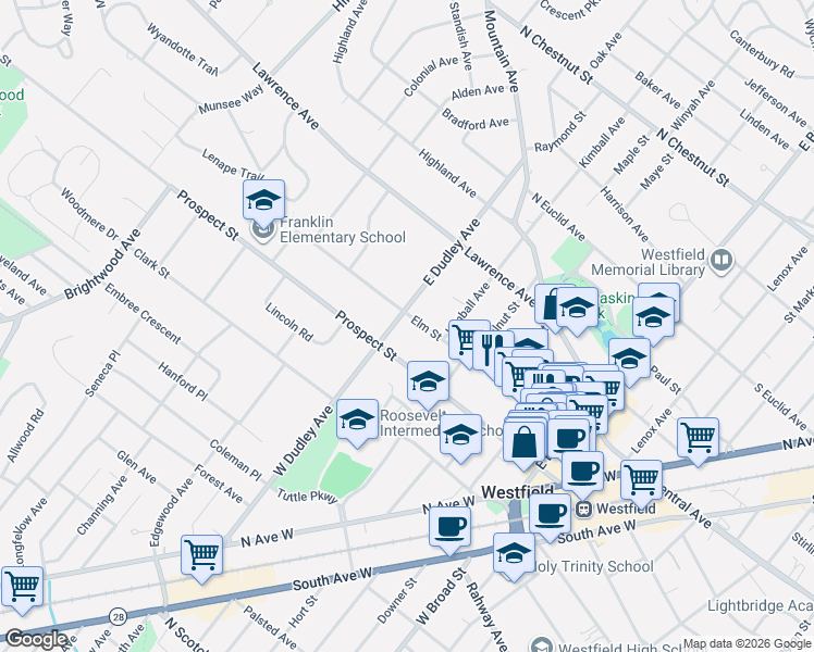 map of restaurants, bars, coffee shops, grocery stores, and more near 110 East Dudley Avenue in Westfield