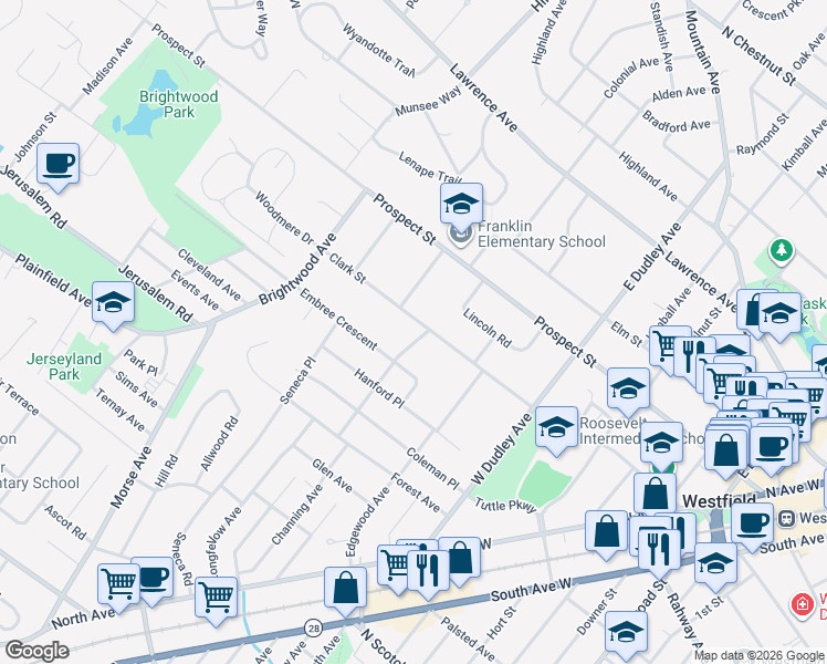map of restaurants, bars, coffee shops, grocery stores, and more near 122 Eaglecroft Road in Westfield
