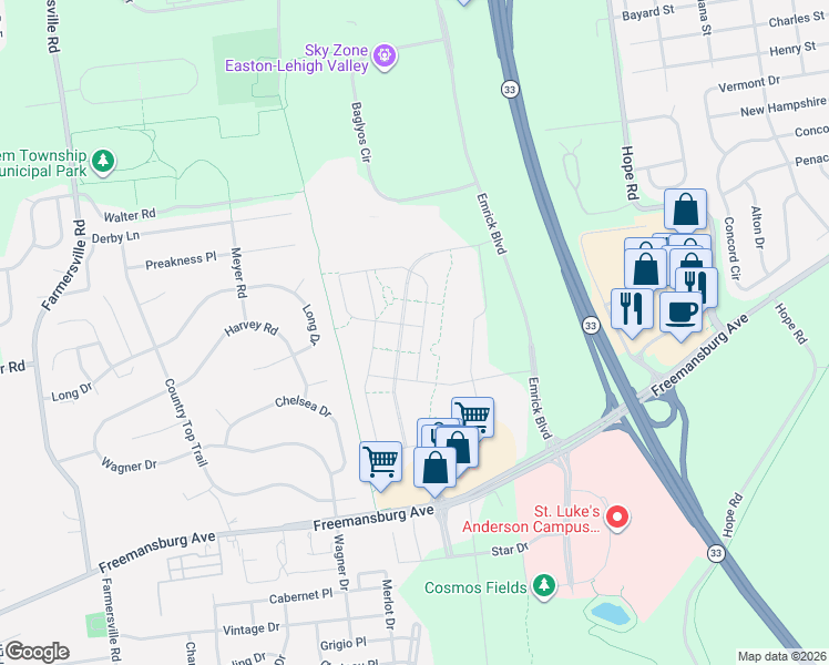 map of restaurants, bars, coffee shops, grocery stores, and more near 2308 Raya Way in Easton