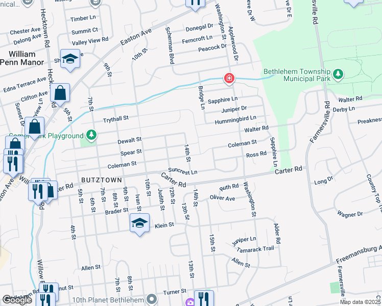 map of restaurants, bars, coffee shops, grocery stores, and more near 3934 Coleman Street in Bethlehem