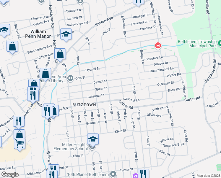 map of restaurants, bars, coffee shops, grocery stores, and more near 2630 10th Street in Bethlehem