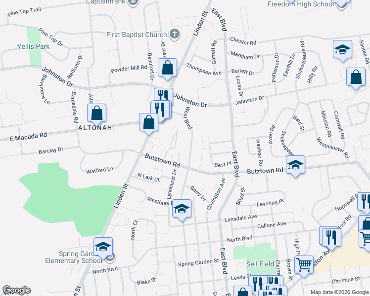 map of restaurants, bars, coffee shops, grocery stores, and more near 2830 West Boulevard in Bethlehem