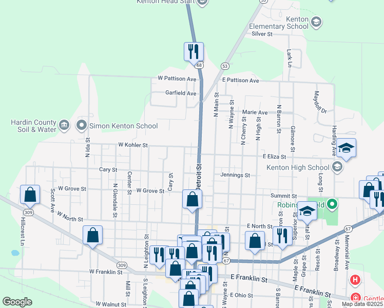 map of restaurants, bars, coffee shops, grocery stores, and more near 532 North Market Street in Kenton