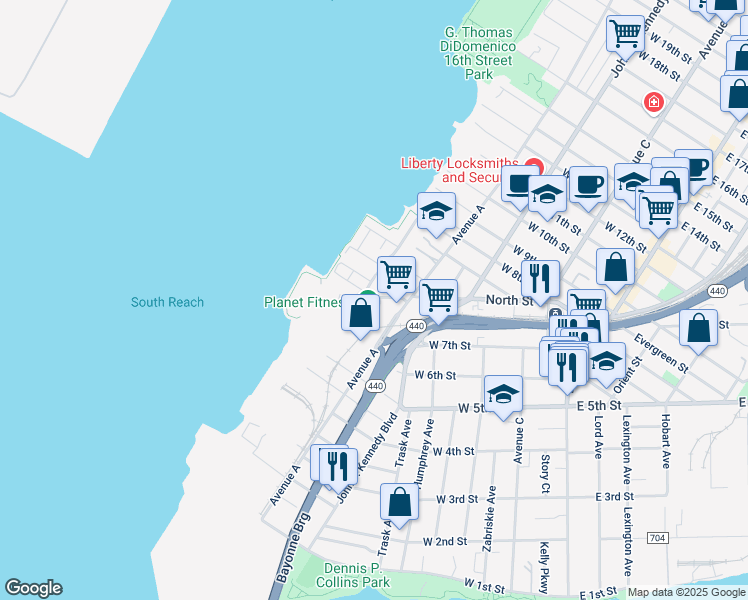 map of restaurants, bars, coffee shops, grocery stores, and more near 124 North Street in Bayonne