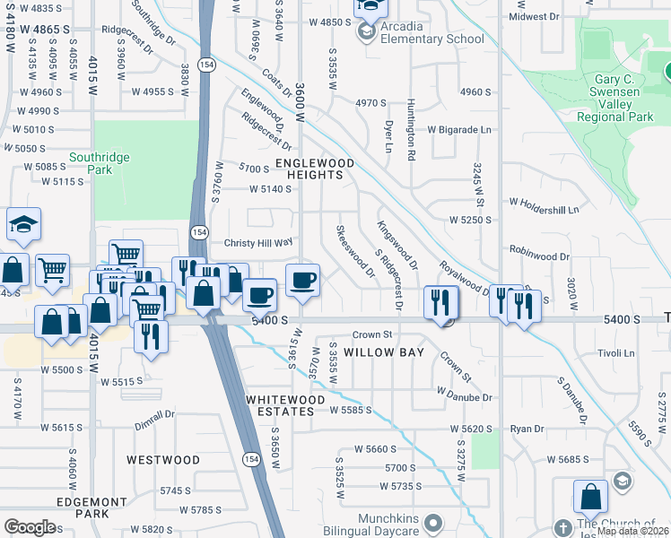 map of restaurants, bars, coffee shops, grocery stores, and more near 5346 South Queenswood Drive in Salt Lake City