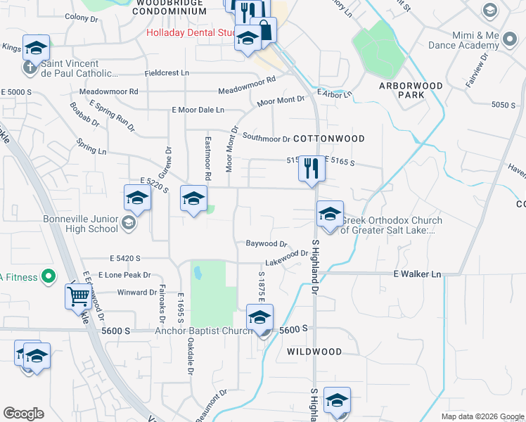 map of restaurants, bars, coffee shops, grocery stores, and more near 5308 Baywood Circle in Holladay