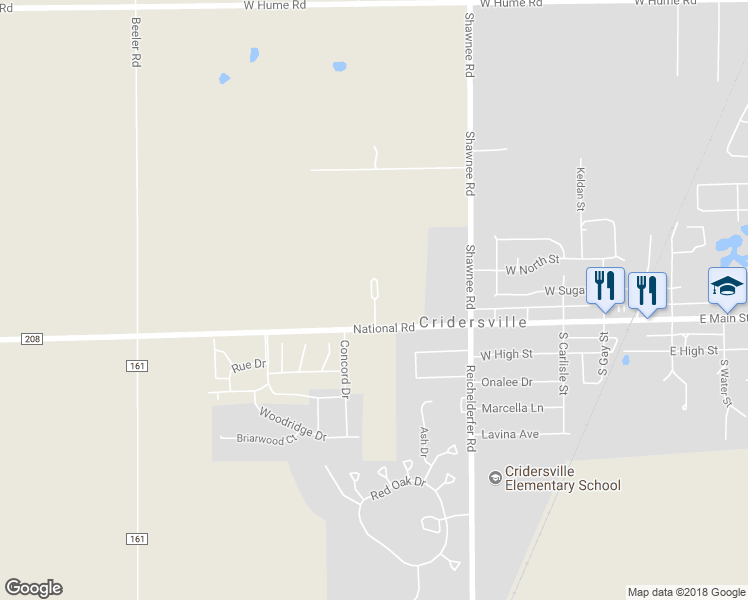 map of restaurants, bars, coffee shops, grocery stores, and more near 118 Walter Street in Cridersville