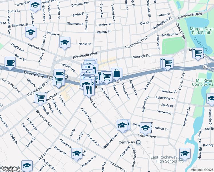 map of restaurants, bars, coffee shops, grocery stores, and more near 12-9 Lincoln Place in Lynbrook