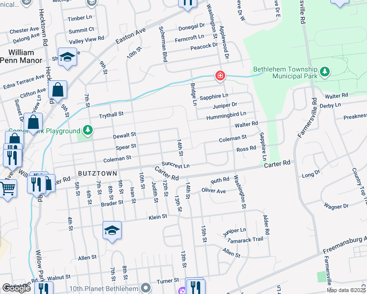 map of restaurants, bars, coffee shops, grocery stores, and more near 3934 Coleman Street in Bethlehem