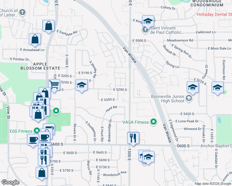 map of restaurants, bars, coffee shops, grocery stores, and more near 5334 Castlegate Drive in Salt Lake City