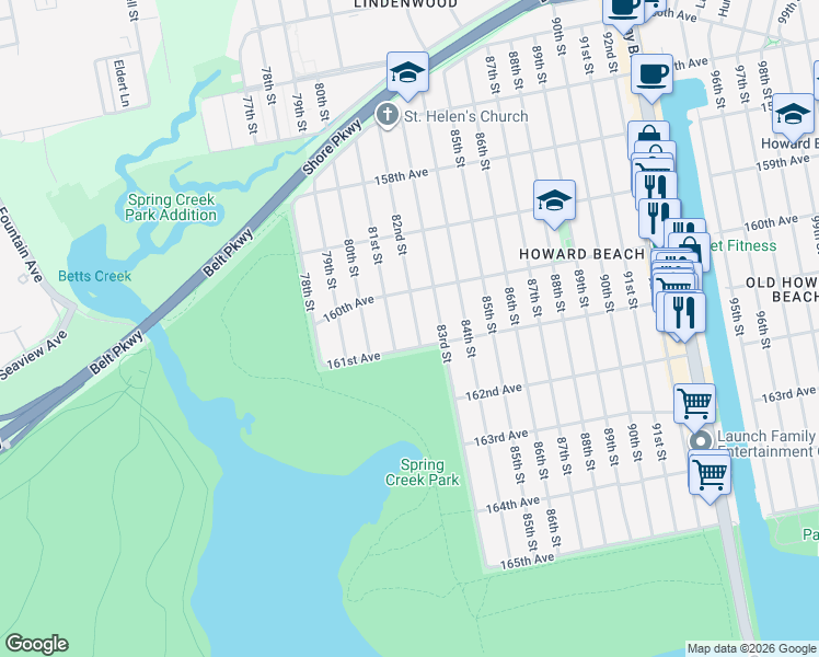 map of restaurants, bars, coffee shops, grocery stores, and more near 81-19 161st Avenue in Queens