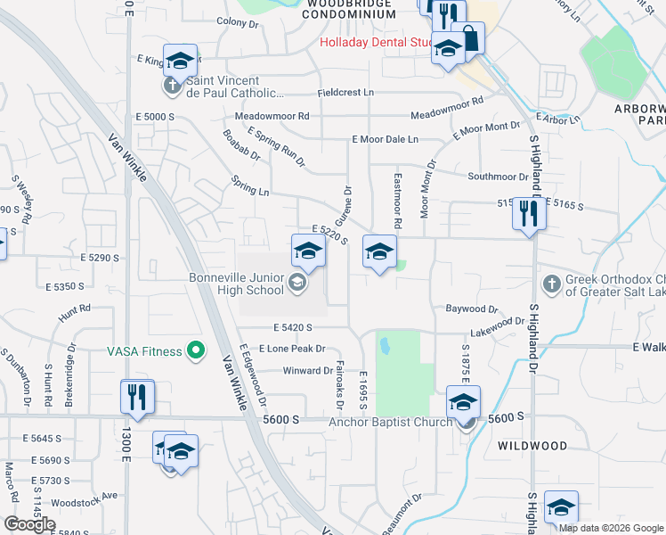 map of restaurants, bars, coffee shops, grocery stores, and more near 5299 Gurene Drive in Holladay