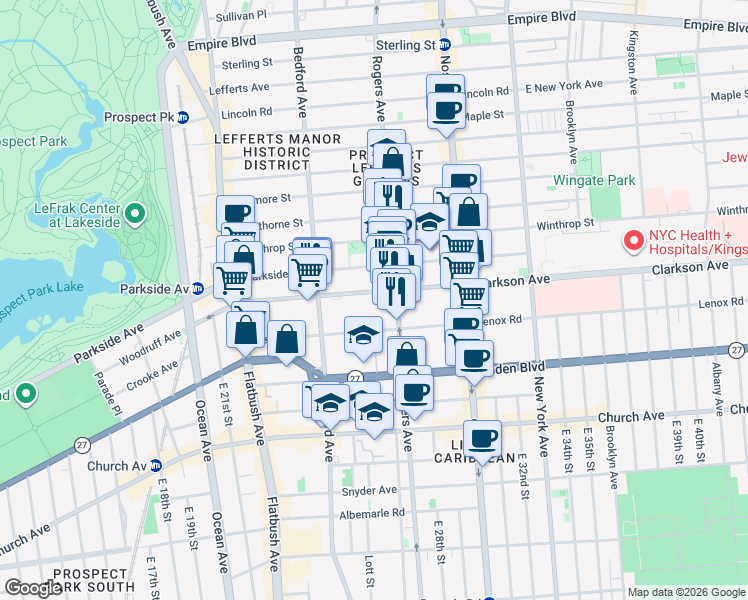 map of restaurants, bars, coffee shops, grocery stores, and more near 180 Clarkson Avenue in Brooklyn