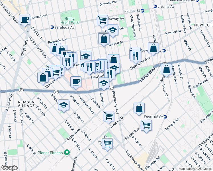 map of restaurants, bars, coffee shops, grocery stores, and more near 1411 Linden Boulevard in Brooklyn
