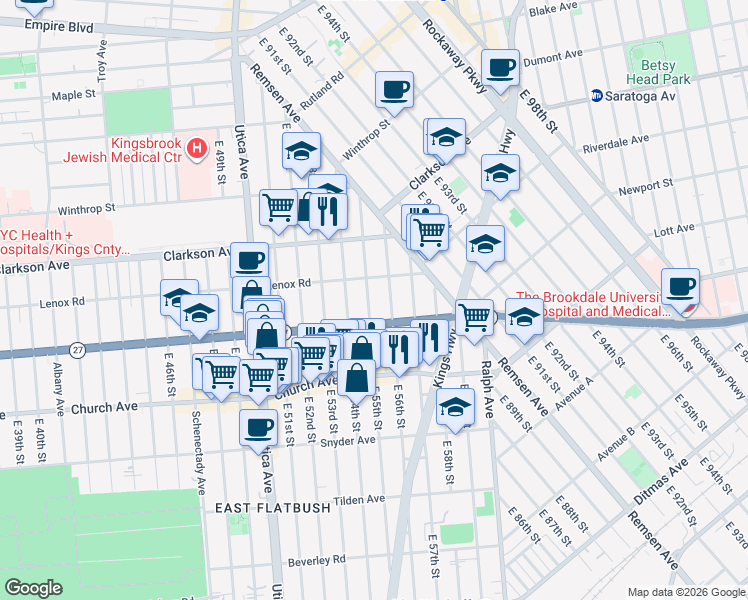 map of restaurants, bars, coffee shops, grocery stores, and more near 150 East 55th Street in Brooklyn