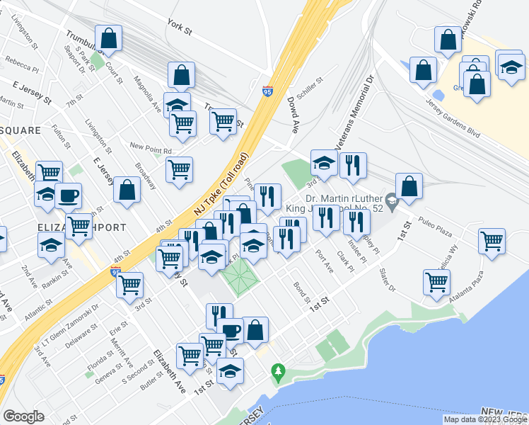 map of restaurants, bars, coffee shops, grocery stores, and more near 226 3rd Street in Elizabeth