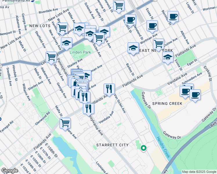map of restaurants, bars, coffee shops, grocery stores, and more near 1019 Van Siclen Avenue in Brooklyn