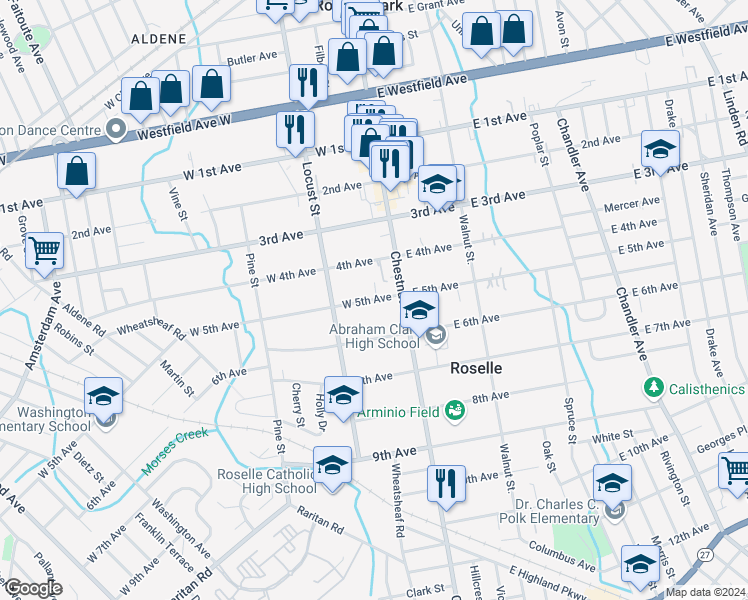 map of restaurants, bars, coffee shops, grocery stores, and more near 508 Chestnut Street in Roselle