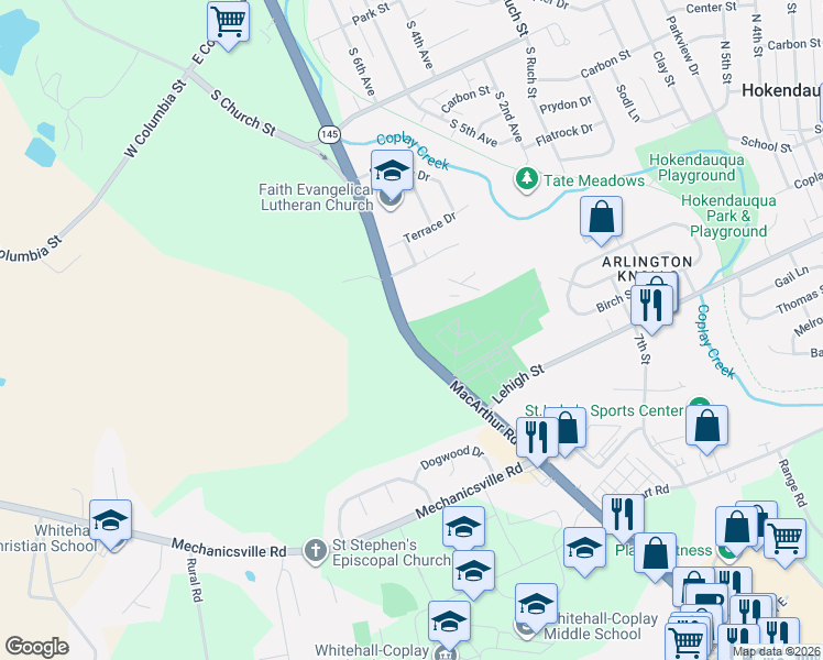 map of restaurants, bars, coffee shops, grocery stores, and more near 3213 Macarthur Road in Hokendauqua