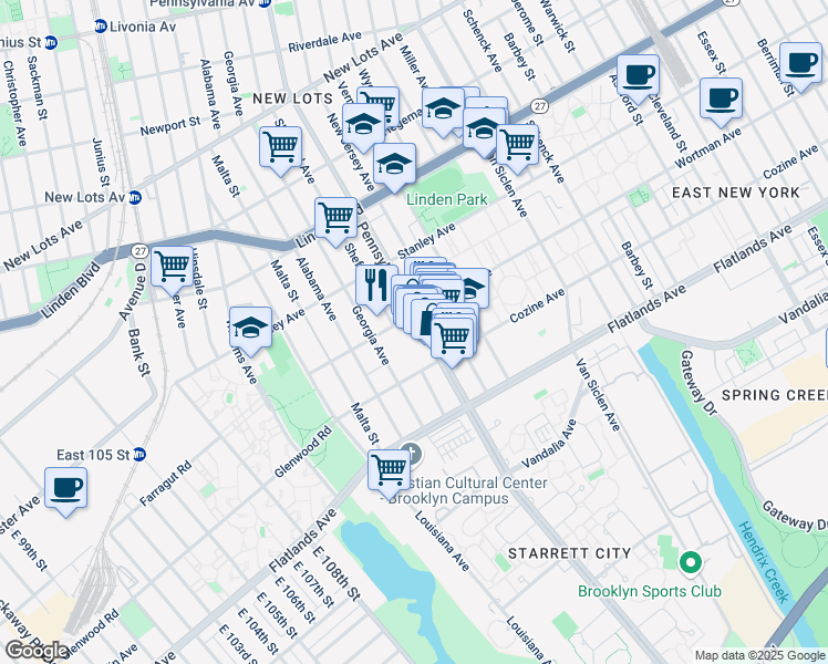 map of restaurants, bars, coffee shops, grocery stores, and more near 922 Pennsylvania Avenue in Brooklyn