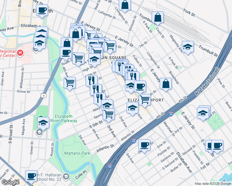 map of restaurants, bars, coffee shops, grocery stores, and more near 549 2nd Avenue in Elizabeth