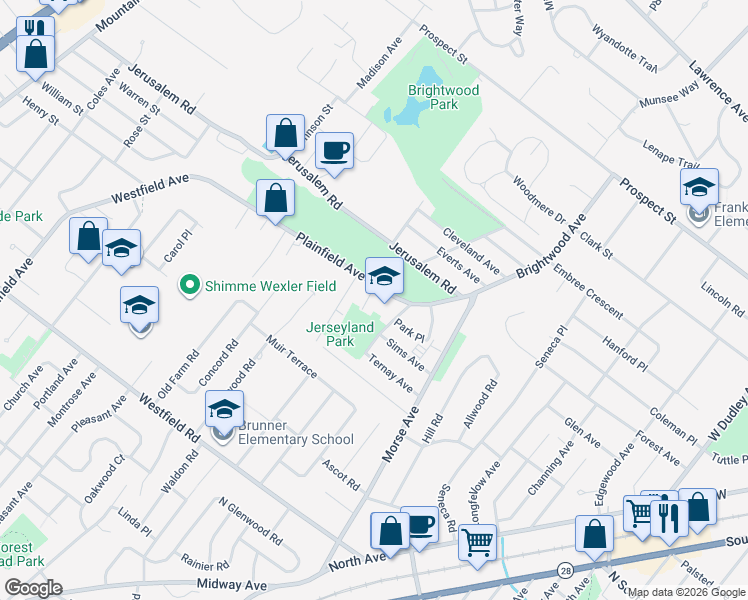 map of restaurants, bars, coffee shops, grocery stores, and more near 2394 Hamlette Place in Scotch Plains