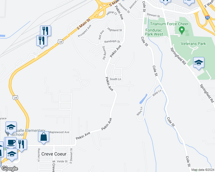 map of restaurants, bars, coffee shops, grocery stores, and more near 1101 Pekin Avenue in Creve Coeur