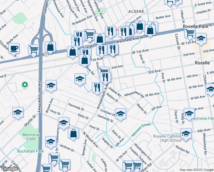 map of restaurants, bars, coffee shops, grocery stores, and more near Amsterdam Avenue & Aldene Road in Roselle