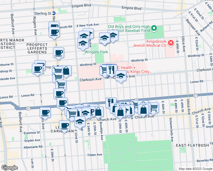 map of restaurants, bars, coffee shops, grocery stores, and more near 490 Lenox Road in Brooklyn