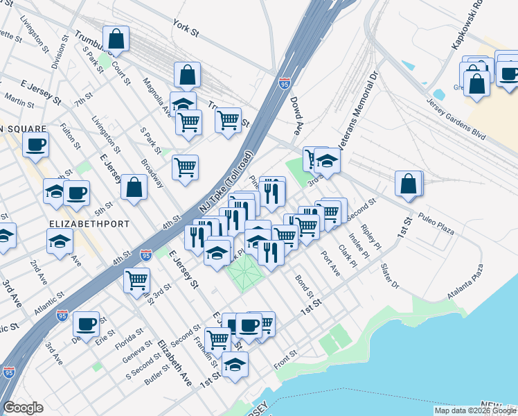 map of restaurants, bars, coffee shops, grocery stores, and more near 311 Bond Street in Elizabeth