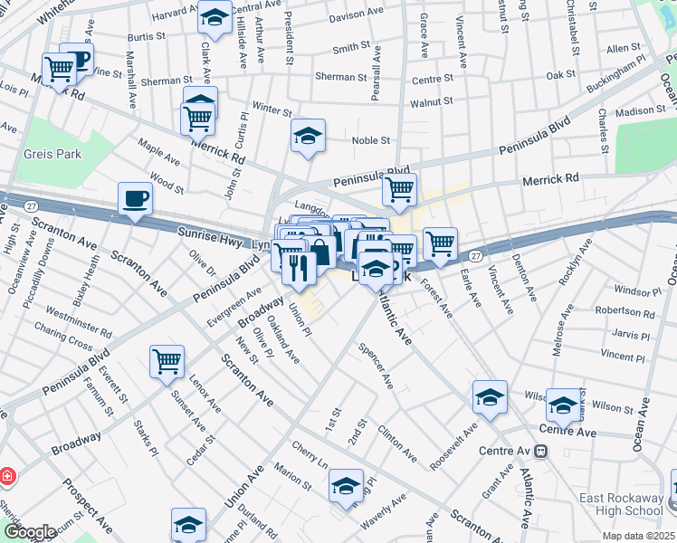 map of restaurants, bars, coffee shops, grocery stores, and more near 55 Eldert Street in Lynbrook